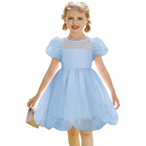 Arshiner Toddler Girls Dress Contrast Mesh Puff Short Sleeve Flowy Bubble Hem Organza Casual Party Dresses Size 2-6(Light Blue)