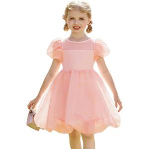Arshiner Toddler Girls Dress Contrast Mesh Puff Short Sleeve Flowy Bubble Hem Organza Casual Party Dresses Size 2-6(Light Pink)