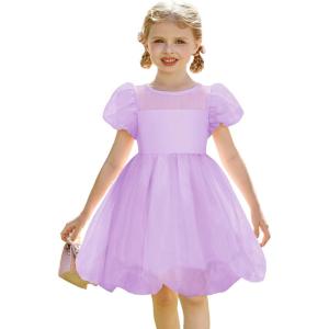 Arshiner Toddler Girls Dress Contrast Mesh Puff Short Sleeve Flowy Bubble Hem Organza Casual Party Dresses Size 2-6(Light Purple)