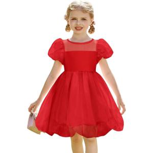 Arshiner Toddler Girls Dress Contrast Mesh Puff Short Sleeve Flowy Bubble Hem Organza Casual Party Dresses Size 2-6(Red)