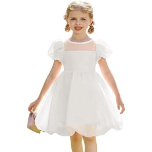Arshiner Toddler Girls Dress Contrast Mesh Puff Short Sleeve Flowy Bubble Hem Organza Casual Party Dresses Size 2-6(White)
