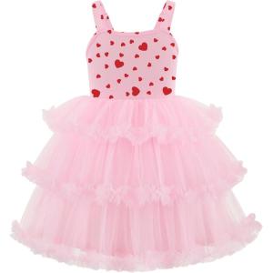 Arshiner Toddler Girls Tulle Dress Tiered Ruffle Fluffy Spaghetti Straps Tutu Dresses Summer Clothes 2-8 Years(Pink Heart)