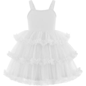 Arshiner Toddler Girls Tulle Dress Tiered Ruffle Fluffy Spaghetti Straps Tutu Dresses Summer Clothes 2-8 Years(White)