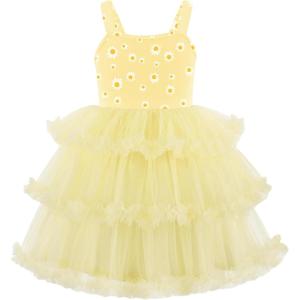 Arshiner Toddler Girls Tulle Dress Tiered Ruffle Fluffy Spaghetti Straps Tutu Dresses Summer Clothes 2-8 Years(Yellow Daisy)