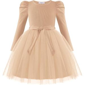 Arshiner Toddler Girls Tutu Dress Gigot Long Sleeves Fall Winter Belted Princess Party Tulle Dresses 3-8Y(Beige)