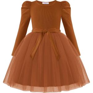 Arshiner Toddler Girls Tutu Dress Gigot Long Sleeves Fall Winter Belted Princess Party Tulle Dresses 3-8Y(Brown)