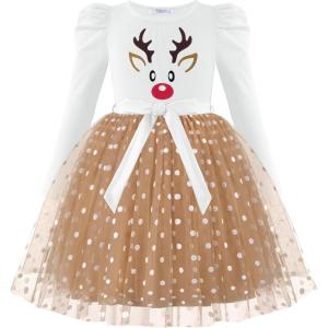 Arshiner Toddler Girls Tutu Dress Gigot Long Sleeves Fall Winter Belted Princess Party Tulle Dresses 3-8Y(Christmas Brown Reindeer)
