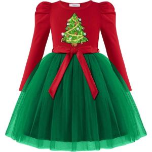 Arshiner Toddler Girls Tutu Dress Gigot Long Sleeves Fall Winter Belted Princess Party Tulle Dresses 3-8Y(Christmas Green Tree)