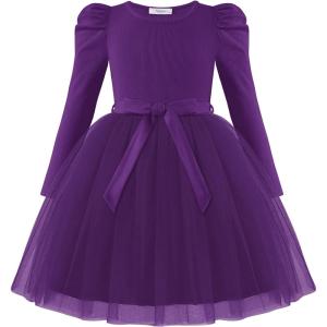 Arshiner Toddler Girls Tutu Dress Gigot Long Sleeves Fall Winter Belted Princess Party Tulle Dresses 3-8Y(Dark Purple)
