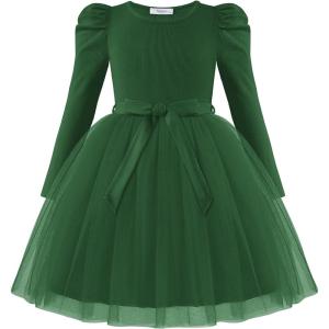 Arshiner Toddler Girls Tutu Dress Gigot Long Sleeves Fall Winter Belted Princess Party Tulle Dresses 3-8Y(Green)