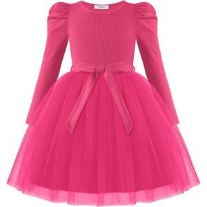 Arshiner Toddler Girls Tutu Dress Gigot Long Sleeves Fall Winter Belted Princess Party Tulle Dresses 3-8Y(Hot Pink)