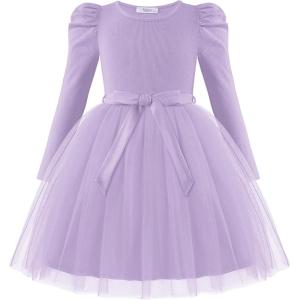 Arshiner Toddler Girls Tutu Dress Gigot Long Sleeves Fall Winter Belted Princess Party Tulle Dresses 3-8Y(Lavender)