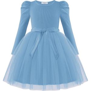 Arshiner Toddler Girls Tutu Dress Gigot Long Sleeves Fall Winter Belted Princess Party Tulle Dresses 3-8Y(Light Blue)