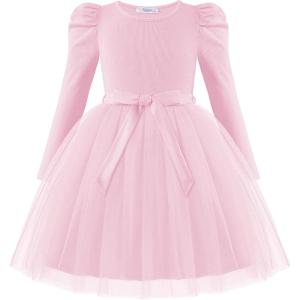 Arshiner Toddler Girls Tutu Dress Gigot Long Sleeves Fall Winter Belted Princess Party Tulle Dresses 3-8Y(Pink)