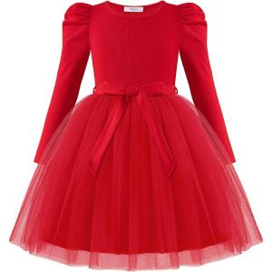 Arshiner Toddler Girls Tutu Dress Gigot Long Sleeves Fall Winter Belted Princess Party Tulle Dresses 3-8Y(Red)