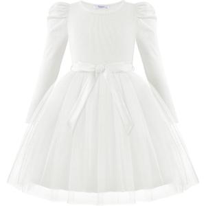 Arshiner Toddler Girls Tutu Dress Gigot Long Sleeves Fall Winter Belted Princess Party Tulle Dresses 3-8Y(White)