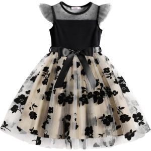 Arshiner Toddler Girls Tutu Dress Summer Contrast Mesh Party Dresses Cute Princess Tulle Sundress with Belt 2-8Y(Black+flower)