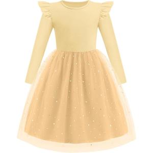 Arshiner Toddler Girls Tutu Dresses Long Sleeve Ruffle Fall Winter Holiday Star Sequin Tulle Dress 2-6Y(Beige)