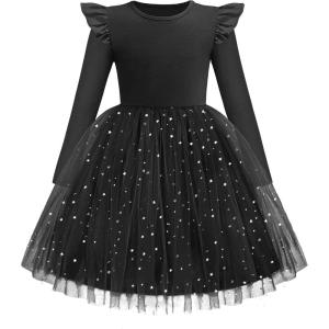 Arshiner Toddler Girls Tutu Dresses Long Sleeve Ruffle Fall Winter Holiday Star Sequin Tulle Dress 2-6Y(Black)