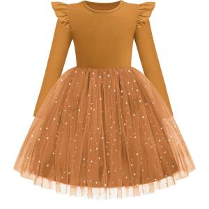Arshiner Toddler Girls Tutu Dresses Long Sleeve Ruffle Fall Winter Holiday Star Sequin Tulle Dress 2-6Y(Brown)