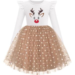 Arshiner Toddler Girls Tutu Dresses Long Sleeve Ruffle Fall Winter Holiday Star Sequin Tulle Dress 2-6Y(Christams Deer)