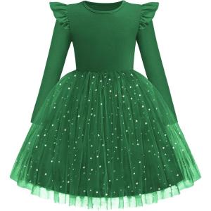 Arshiner Toddler Girls Tutu Dresses Long Sleeve Ruffle Fall Winter Holiday Star Sequin Tulle Dress 2-6Y(Dark Green)