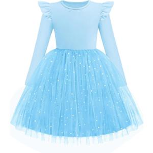Arshiner Toddler Girls Tutu Dresses Long Sleeve Ruffle Fall Winter Holiday Star Sequin Tulle Dress 2-6Y(Light Blue)