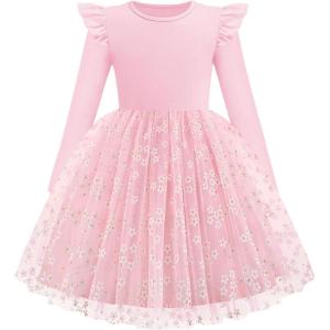 Arshiner Toddler Girls Tutu Dresses Long Sleeve Ruffle Fall Winter Holiday Star Sequin Tulle Dress 2-6Y(Pink Daisy)