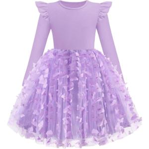 Arshiner Toddler Girls Tutu Dresses Long Sleeve Ruffle Fall Winter Holiday Star Sequin Tulle Dress 2-6Y(Purple Butterfly)