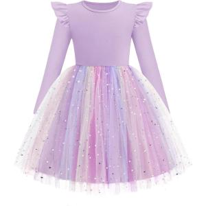 Arshiner Toddler Girls Tutu Dresses Long Sleeve Ruffle Fall Winter Holiday Star Sequin Tulle Dress 2-6Y(Purple-rainbow)