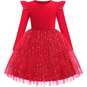Arshiner Toddler Girls Tutu Dresses Long Sleeve Ruffle Fall Winter Holiday Star Sequin Tulle Dress 2-6Y(Red)