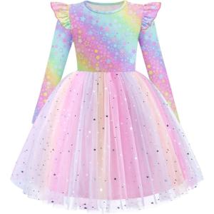 Arshiner Toddler Girls Tutu Dresses Long Sleeve Ruffle Fall Winter Holiday Star Sequin Tulle Dress 2-6Y(Star Rainbow)