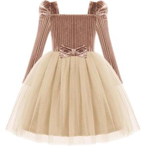 Arshiner Toddler Girls Velvet Dresses Square Neck Fall Winter Long Sleeves Dress for Holiday Party 3-8Y(Champagne)