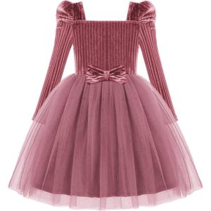 Arshiner Toddler Girls Velvet Dresses Square Neck Fall Winter Long Sleeves Dress for Holiday Party 3-8Y(Deep Pink)