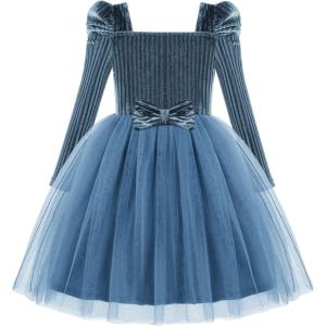 Arshiner Toddler Girls Velvet Dresses Square Neck Fall Winter Long Sleeves Dress for Holiday Party 3-8Y(Dusty Blue)