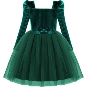 Arshiner Toddler Girls Velvet Dresses Square Neck Fall Winter Long Sleeves Dress for Holiday Party 3-8Y(Green)