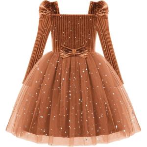 Arshiner Toddler Girls Velvet Dresses Square Neck Fall Winter Long Sleeves Dress for Holiday Party 3-8Y(Light Brown)