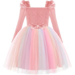 Arshiner Toddler Girls Velvet Dresses Square Neck Fall Winter Long Sleeves Dress for Holiday Party 3-8Y(Light Pink)
