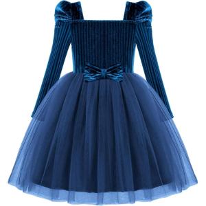 Arshiner Toddler Girls Velvet Dresses Square Neck Fall Winter Long Sleeves Dress for Holiday Party 3-8Y(Navy Blue)