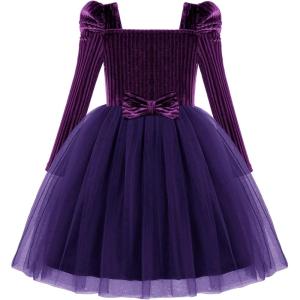 Arshiner Toddler Girls Velvet Dresses Square Neck Fall Winter Long Sleeves Dress for Holiday Party 3-8Y(Purple)