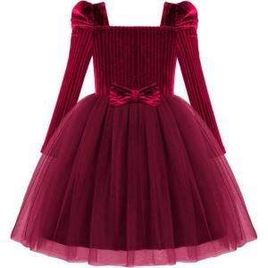 Arshiner Toddler Girls Velvet Dresses Square Neck Fall Winter Long Sleeves Dress for Holiday Party 3-8Y(Wine Red)