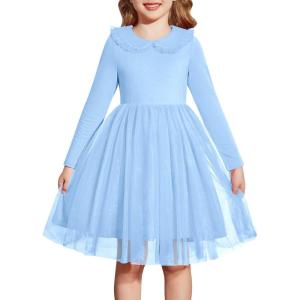 Arshiner Toddler Tutu Dress Girls Long Sleeve Fall Winter Peter Pan Collar Party Tulle Dresses for 2-6Y(Blue)