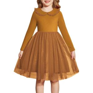 Arshiner Toddler Tutu Dress Girls Long Sleeve Fall Winter Peter Pan Collar Party Tulle Dresses for 2-6Y(Brown)