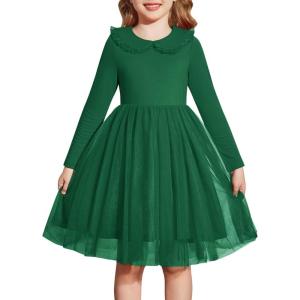 Arshiner Toddler Tutu Dress Girls Long Sleeve Fall Winter Peter Pan Collar Party Tulle Dresses for 2-6Y(Green)