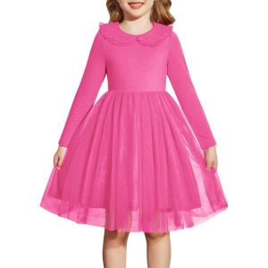 Arshiner Toddler Tutu Dress Girls Long Sleeve Fall Winter Peter Pan Collar Party Tulle Dresses for 2-6Y(Hot Pink)
