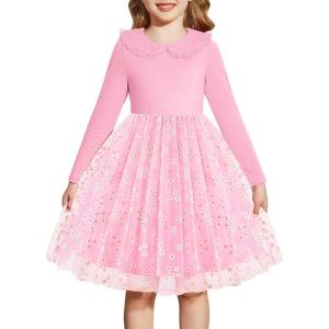 Arshiner Toddler Tutu Dress Girls Long Sleeve Fall Winter Peter Pan Collar Party Tulle Dresses for 2-6Y(Pink Flower)