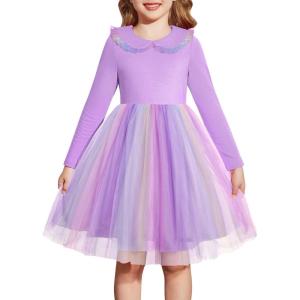 Arshiner Toddler Tutu Dress Girls Long Sleeve Fall Winter Peter Pan Collar Party Tulle Dresses for 2-6Y(Purple Rainbow)