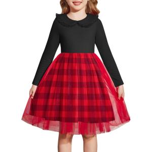 Arshiner Toddler Tutu Dress Girls Long Sleeve Fall Winter Peter Pan Collar Party Tulle Dresses for 2-6Y(Red/Black Plaid)