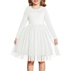 Arshiner Toddler Tutu Dress Girls Long Sleeve Fall Winter Peter Pan Collar Party Tulle Dresses for 2-6Y(White)