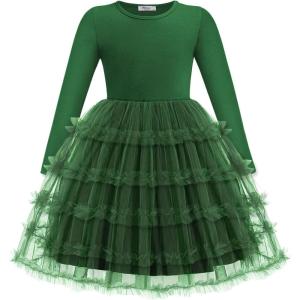 Arshiner Toddler Tutu Dress Girls Long Sleeve Fall Winter Ruffle Tiered Holiday Party Tulle Dresses(Green)